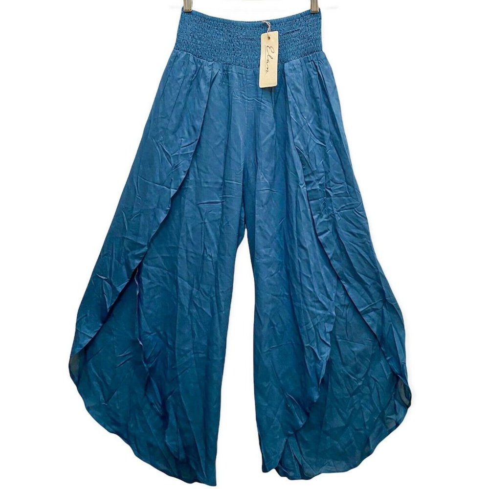 Elan Women's Size S Harem Side Slits Smocked Back Elastic Waist Night Blue